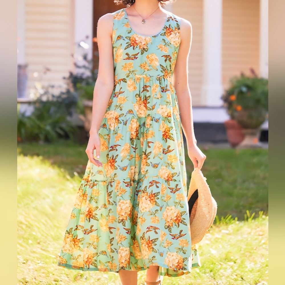 NWT April Cornell Valley Of Flowers Aqua  Midi Dress- Size Medium